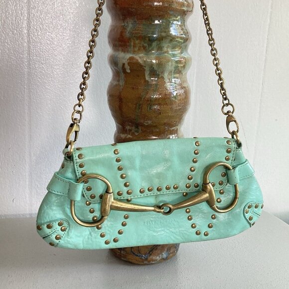Wilsons Leather Handbags - VTG Y2K Wilsons Leather Purse Brass Horsebit Studded Pelle Studio Turquoise